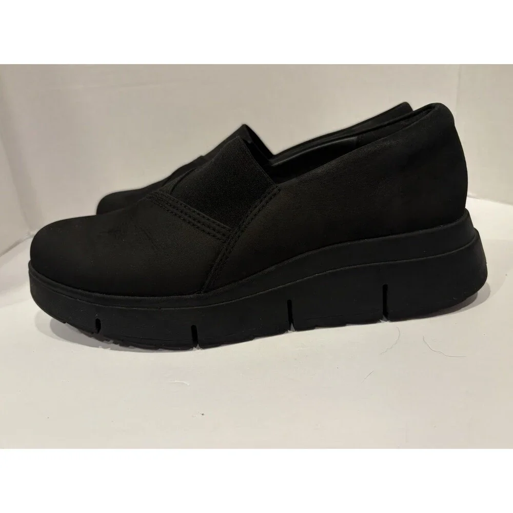 Clarks Loriini West Black Nubuck Platform Wedge Loafers Slip On Women’s 7.5